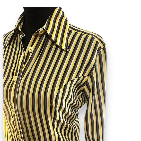 FENDI VTG  Yellow Wh Brown & Black Stripe  Shirt FENDI LOGO fabric & buttons 38 - Picture 6 of 15